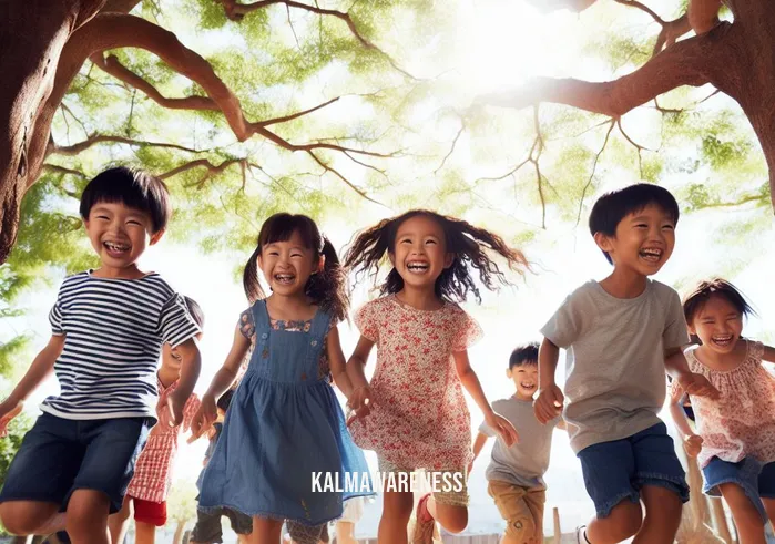 plant yourself _ Image: Children happily playing under the shade of mature trees, their laughter filling the air.Image description: Children of different backgrounds play joyfully under the shade of now-mature trees. Their laughter and smiles are a testament to the transformation of the environment.