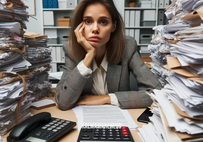 the art of being present _ Image: A cluttered office desk with a stressed-out person surrounded by piles of papers and a ringing phone.Image description: A cluttered office desk with a stressed-out person surrounded by piles of papers and a ringing phone.
