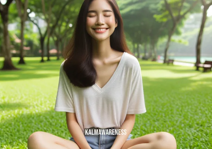 the art of being present _ Image: A serene park scene with a person sitting cross-legged on the grass, eyes closed, and a gentle smile on their face.Image description: A serene park scene with a person sitting cross-legged on the grass, eyes closed, and a gentle smile on their face.
