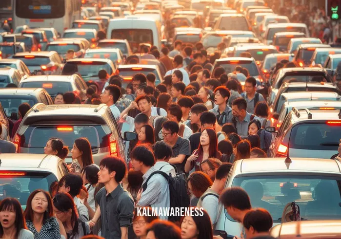 the now effect _ Image: A crowded city street during rush hour, with people stuck in traffic, honking cars, and frustrated expressions.Image description: The city streets are gridlocked, a sea of brake lights, and impatient commuters. Rush hour chaos engulfs the urban landscape.