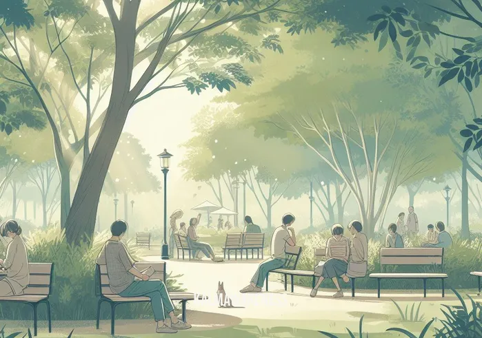 the now effect _ Image: A tranquil park with people sitting on benches, enjoying nature, and conversing peacefully.Image description: A serene park, where people relax on benches, surrounded by greenery, chatting amiably, finding solace in the simplicity of nature.