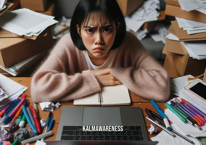 thoughts are not facts _ Image: A cluttered desk with a person staring at a blank notebook, looking frustrated. Image description: A cluttered desk with scattered papers, pens, and a laptop. A person sits, staring at a blank notebook, appearing frustrated.