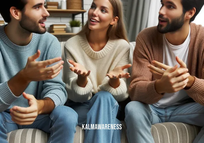 thoughts are not facts _ Image: A diverse group of friends engage in a lively discussion, sharing their perspectives. Image description: In a cozy living room, a diverse group of friends sits together, engaged in a lively discussion, sharing their various perspectives on a topic.