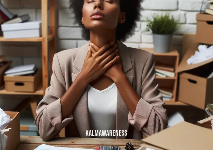 words for being present in the moment _ Image: The same desk, now with a person taking a deep breath, closing their eyes, and starting to organize the chaos. Image description: A person pausing to take a deep breath and begin organizing their cluttered desk.