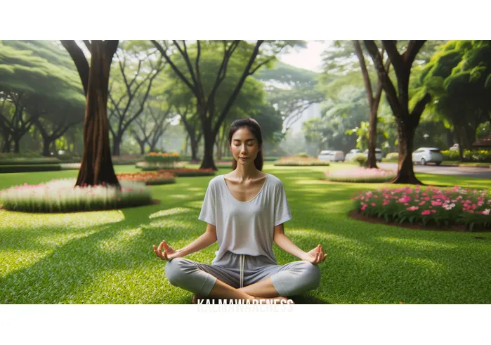 words for being present in the moment _ Image: A serene park with a person sitting cross-legged, eyes closed, and surrounded by nature, fully engaged in meditation. Image description: A person finding tranquility in nature, practicing meditation in a serene park.