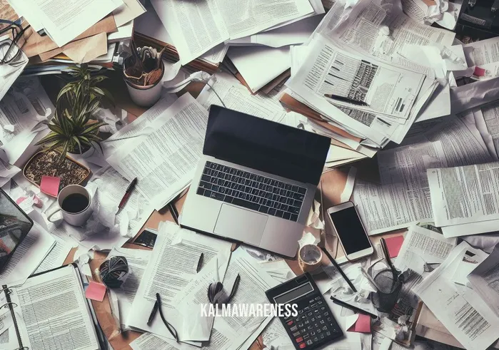 balance vs headspace _ Image: A cluttered desk with piles of papers, a laptop, and scattered office supplies. Image description: A messy workspace filled with disorganized papers, creating a chaotic environment.
