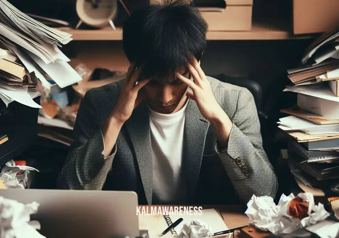 balance vs headspace _ Image: A person at the cluttered desk, looking overwhelmed and stressed, hands on their temples. Image description: A stressed individual sitting amidst the clutter, feeling overwhelmed by the chaos.