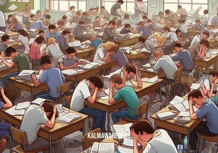 mindful monday for students _ Image: A crowded and chaotic classroom filled with students sitting hunched over their desks, looking stressed and overwhelmed. Image description: A bustling classroom on a Monday morning, students appear stressed with scattered papers and books.