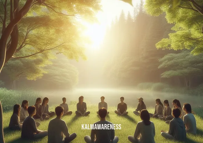 mindful monday for students _ Image: A serene outdoor setting with a group of students gathered in a circle, practicing mindfulness exercises, surrounded by nature. Image description: Students sit in a circle on a tranquil grassy field, engaging in mindfulness activities, with trees in the background.