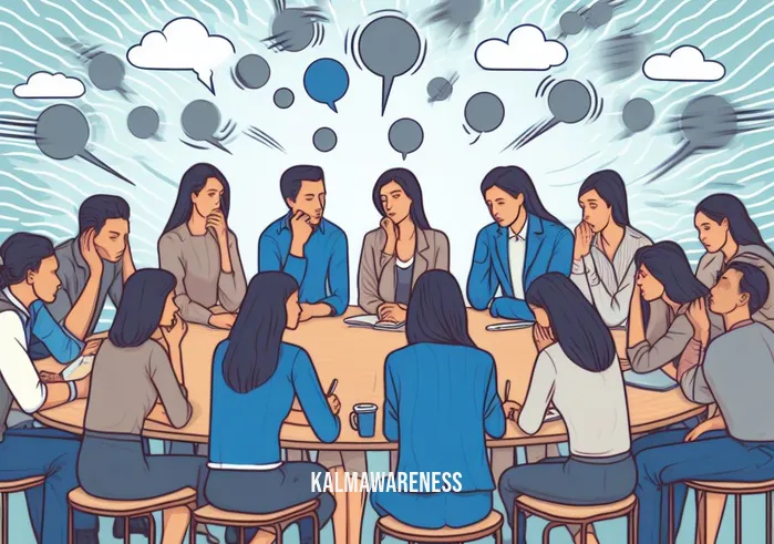 mindfulness in social work _ Image: A group of social workers gathered in a circle, deep in conversation, but with distracted and overwhelmed expressions on their faces.Image description: Social workers huddled together, attempting to communicate amidst distractions, highlighting the need for mindfulness in their daily work.
