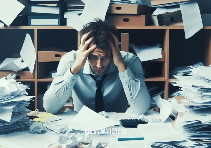 mindfulness ending 12 minutes _ Image: A cluttered, chaotic desk with papers strewn about, a person looking overwhelmed.Image description: A cluttered desk with scattered papers, a person looking overwhelmed by the mess.