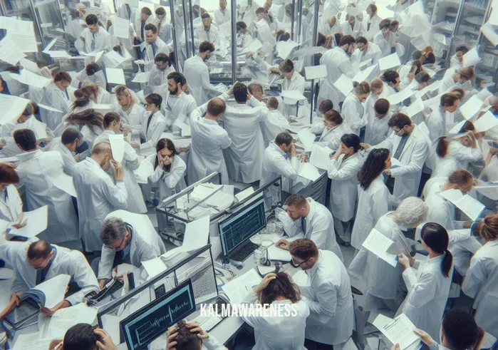 wendy hasenkamp _ Image: A crowded, noisy research lab filled with scientists in white coats, all looking stressed and overwhelmed. Image description: Researchers in a chaotic lab, papers scattered, as they struggle to find a solution.