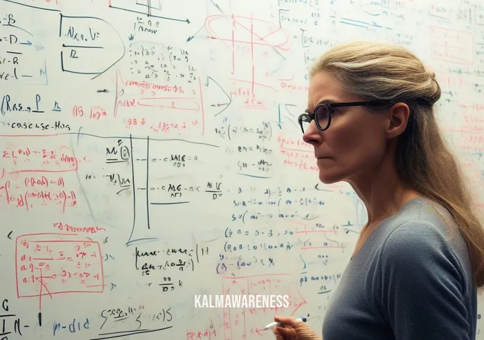 wendy hasenkamp _ Image: Wendy Hasenkamp, a focused scientist, stands at a whiteboard covered in equations and diagrams. Image description: Wendy Hasenkamp, determined, devising a plan on a cluttered whiteboard.