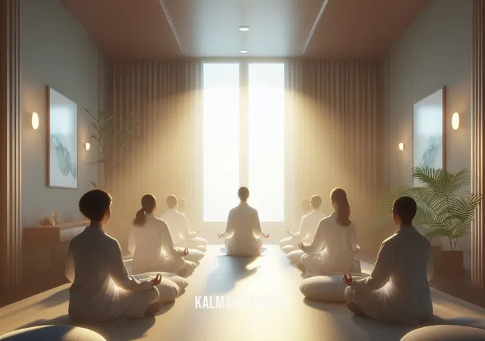 wendy hasenkamp _ Image: A serene meditation room with soft lighting and cushions, where Wendy leads a group of scientists in mindfulness exercises. Image description: Wendy leads a group in meditation, creating a calm atmosphere in a tranquil room.