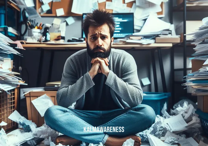 meditation is stupid _ Image: A cluttered, chaotic room with a person looking frustrated, surrounded by distractions.Image description: In a messy, disorganized room, a person sits cross-legged on the floor, their face scrunched in frustration. Papers, electronic devices, and clutter surround them.