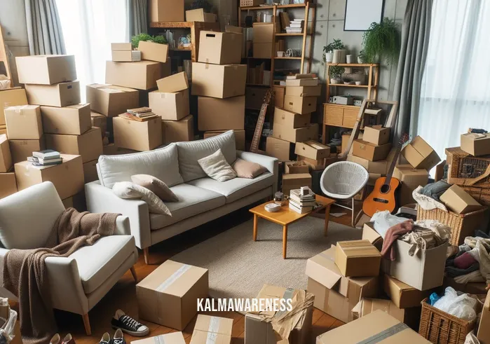 easy shifting methods without visualization _ Image: A cluttered and disorganized living room filled with boxes and furniture. Image description: A messy living room with cardboard boxes and furniture scattered around.