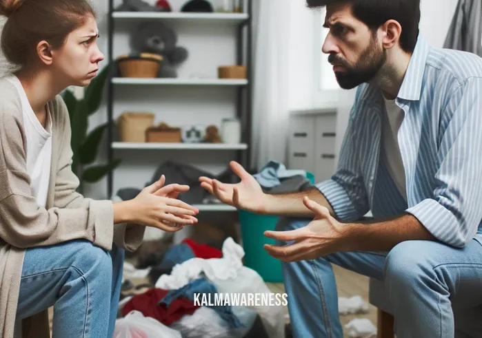 easy shifting methods without visualization _ Image: Two individuals discussing with worried expressions amidst the chaos. Image description: A man and a woman in the cluttered room, looking concerned as they discuss how to tackle the mess.