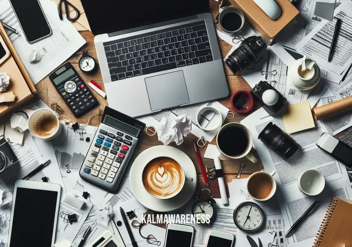 mindfulness objects _ Image: A cluttered and chaotic desk with papers, devices, and coffee cups scattered around, creating a sense of overwhelm.Image description: A cluttered workspace with scattered papers, coffee cups, and devices, symbolizing a chaotic and disorganized environment.