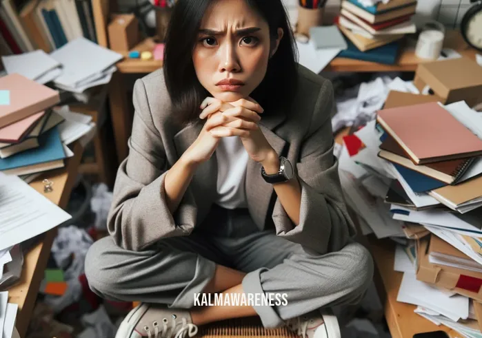 what to do after meditation _ Image: A person sitting cross-legged with a furrowed brow, surrounded by cluttered papers and a disorganized workspace. Image description: A cluttered desk and a puzzled meditator struggling with post-meditation stress.