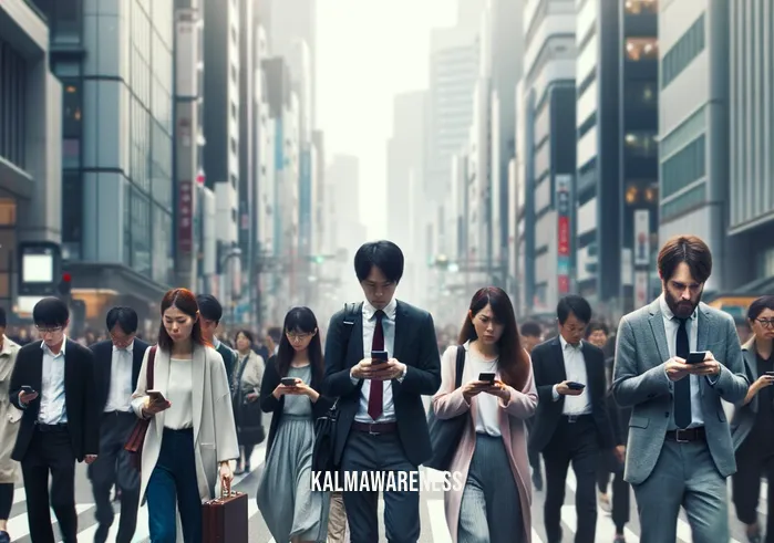 one word to describe living in the moment _ Image: A crowded city street, people rushing past with their heads down, absorbed in their phones and not noticing each other.Image description: Hectic urban environment, disconnected people engrossed in their devices.