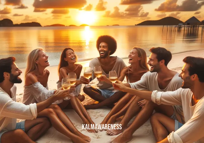 one word to describe living in the moment _ Image: A beach at sunset, a group of friends sitting in a circle, laughing, and toasting to the moment with glasses of wine.Image description: Idyllic beach setting, friends celebrating, savoring the present together.