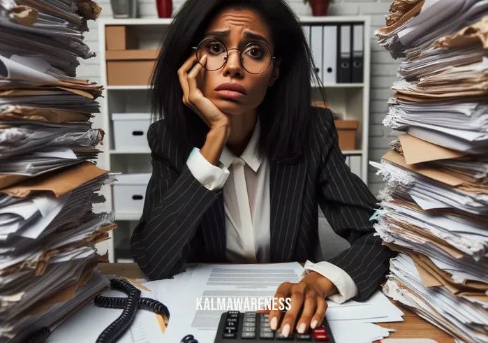 words for living in the moment _ Image: A person sitting at a cluttered desk, overwhelmed by a mountain of paperwork and a ringing phone. Image description: Office chaos, with a stressed individual buried in tasks, struggling to keep up.