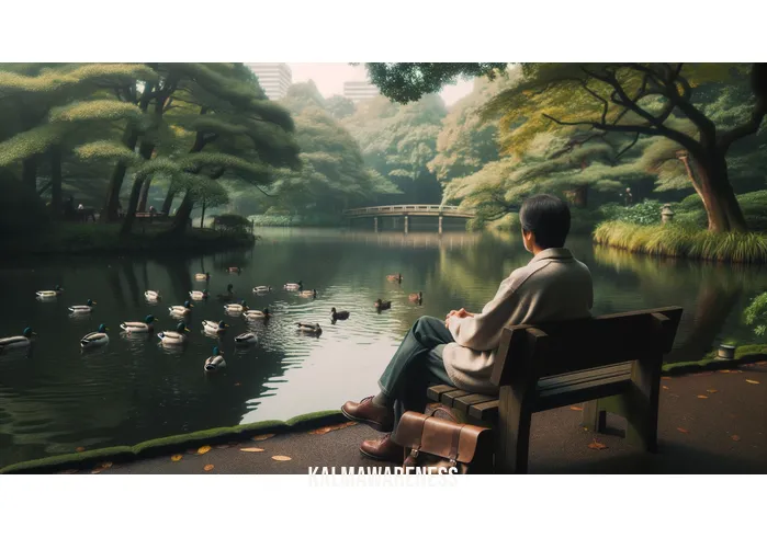 words for living in the moment _ Image: A serene park with a pond, where a person sits on a bench, gazing at the ducks and the water