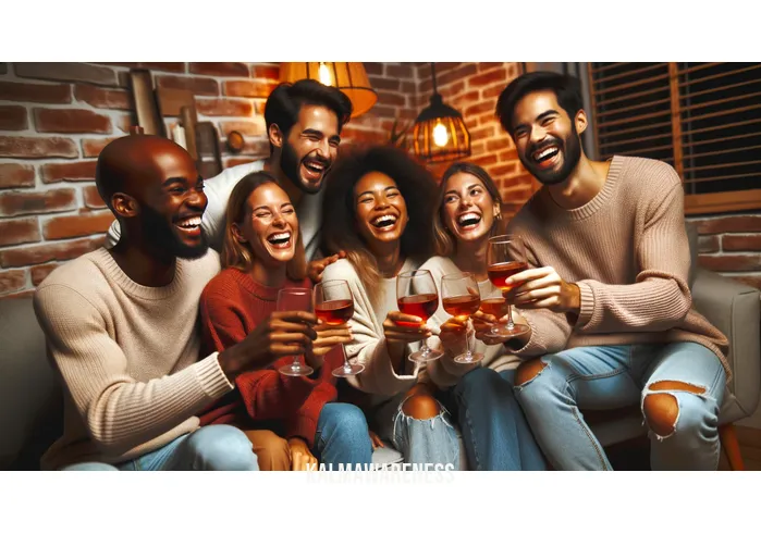 words for living in the moment _ Image: A group of friends laughing and toasting glasses in a cozy, warmly lit living room. Image description: Friends coming together, sharing joy and connection in a relaxed setting.