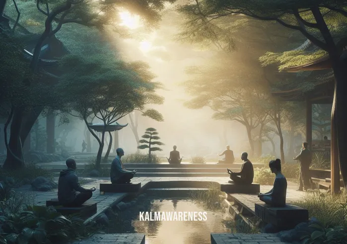20 minute silent meditation _ Image: A serene, quiet corner of the same park with a few individuals sitting on benches, attempting to meditate amidst the chaos.Image description: Amidst the chaos of the park, a few individuals sit on benches, trying to find inner peace through meditation.