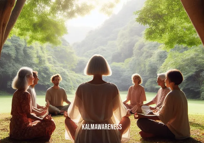 20 minute silent meditation _ Image: The same woman, now surrounded by a few others, all in peaceful meditation, forming a small circle amidst nature