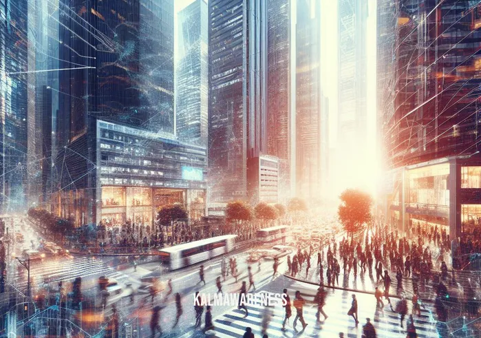 30 minute meditation _ Image: A bustling cityscape with people rushing around, surrounded by noise and chaos.Image description: A crowded urban environment with people in a hurry, surrounded by skyscrapers and traffic.