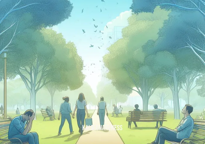 30 minute meditation _ Image: A serene park with a few people sitting on benches, looking stressed and distracted.Image description: A peaceful park setting with individuals scattered on benches, appearing stressed and unfocused.