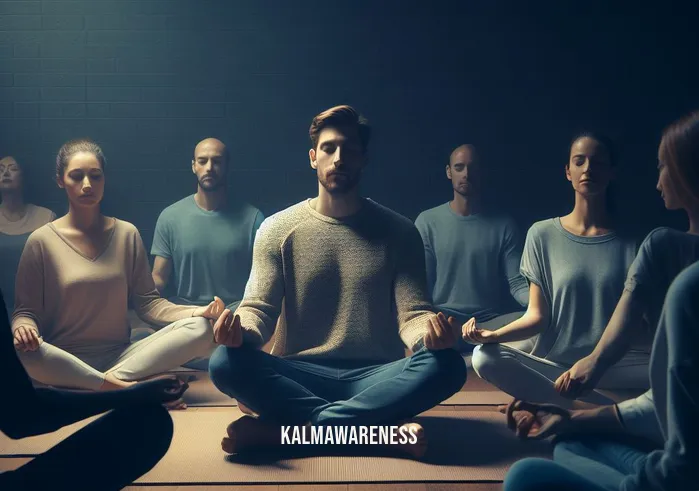 30 minute meditation _ Image: A group of people sitting in a circle in a quiet room, eyes closed, hands on laps, practicing meditation.Image description: A small gathering of individuals seated in a circle within a serene, dimly lit room, engaged in meditation with closed eyes and relaxed postures.