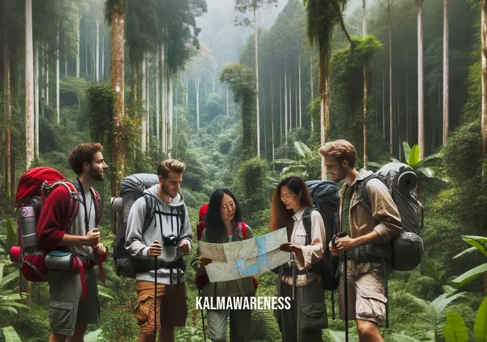 quick exploration venture _ Image: A group of explorers in hiking gear standing at the edge of a dense, uncharted forest, looking at a map and discussing their route. Image description: A team of adventurers prepares to embark on a quick exploration venture, surrounded by towering trees and lush greenery.