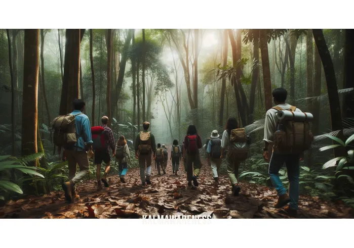 quick exploration venture _ Image: The explorers have entered the heart of the forest, trekking through a narrow path covered in fallen leaves, with a sense of anticipation and curiosity. Image description: The team delves deeper into the wilderness, their path becoming increasingly obscured by the thick foliage.