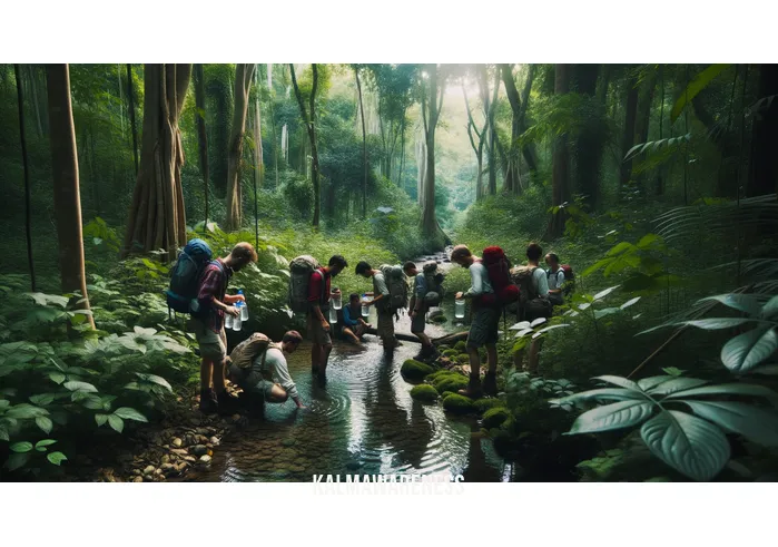 quick exploration venture _ Image: Amidst the dense undergrowth, the explorers come across a tranquil, crystal-clear stream, where they refill their water bottles and take a brief rest. Image description: Discovering an oasis in the forest, the team rejuvenates beside the shimmering waters.
