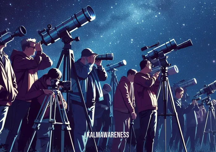 amongst the stars _ Image: A group of amateur astronomers gathered in a park, peering through telescopes pointed at the starry night sky. Image description: Enthusiastic stargazers seek solace from light pollution to appreciate the celestial wonders.