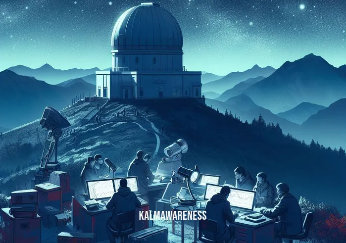 amongst the stars _ Image: An observatory perched on a mountain, with astronomers huddled around a computer screen, analyzing data. Image description: Scientists collaborate to combat light pollution