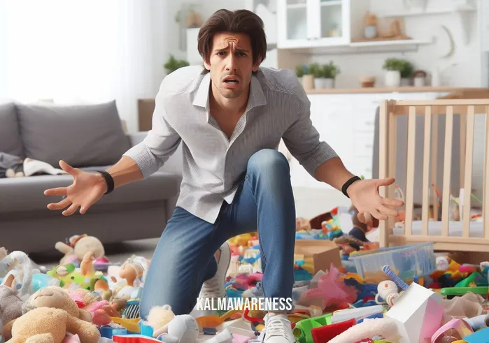 expandable ball _ Image: A frustrated parent trying to navigate through the chaotic room, looking overwhelmed. Image description: A parent appears overwhelmed, trying to navigate the cluttered living room filled with toys.