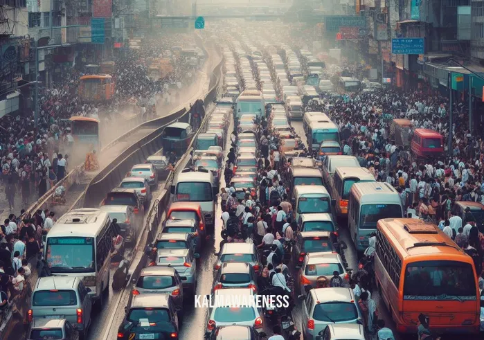 full in a sentence _ Image: A crowded, polluted city street with people stuck in heavy traffic. Image description: The city is gridlocked, and frustration is evident on people