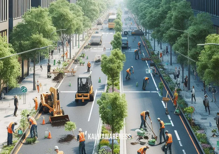 full in a sentence _ Image: Workers planting trees and installing green infrastructure along the same city street. Image description: A team of workers is transforming the urban landscape, bringing in greenery and sustainable solutions.