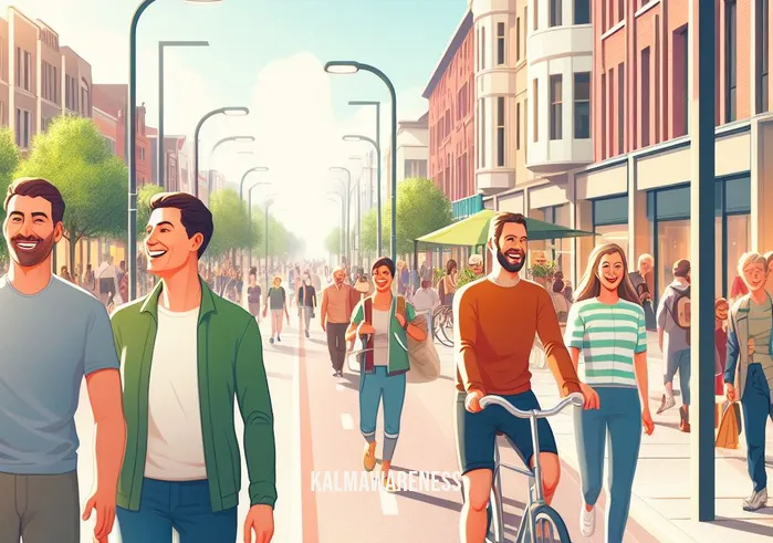 full in a sentence _ Image: Smiling pedestrians strolling on a now-green and pedestrian-friendly street. Image description: The street has been revitalized, and people enjoy walking, cycling, and chatting with neighbors.