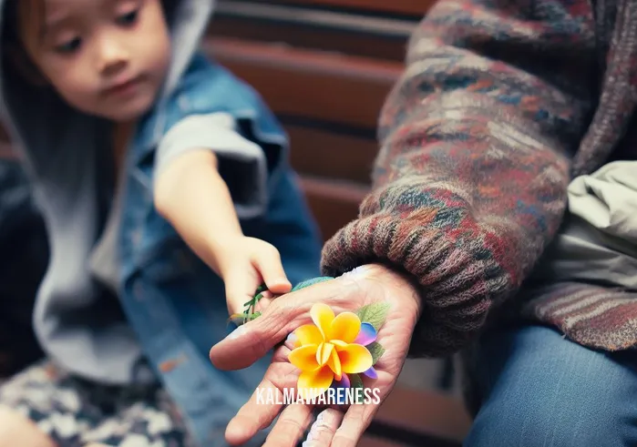gratitude in action photos _ Image: A close-up of a child handing a flower to a homeless person sitting on a bench.Image description: A young child extending a kind gesture by offering a flower to a homeless individual seated on a bench.