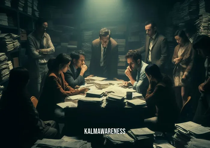 grimesey _ Image: A dimly lit room with people huddled around a table, stacks of paperwork, and worried expressions.Image description: A group of individuals in a cramped, cluttered office, discussing the challenges and complexities of the "Grimesey" issue.