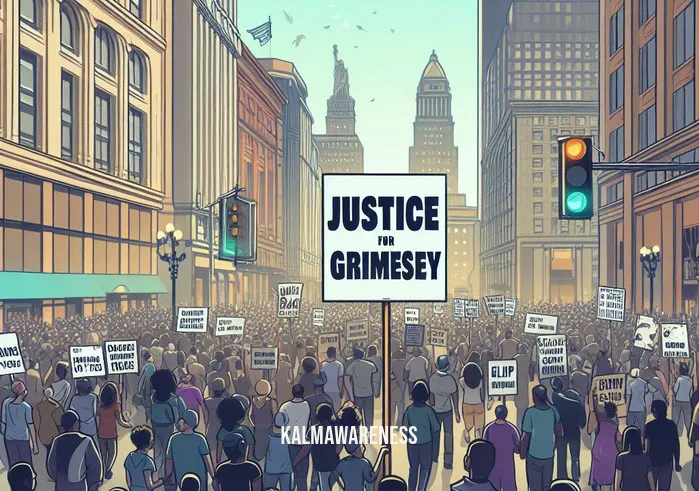grimesey _ Image: A bustling city street with people protesting peacefully, holding signs that read "Justice for Grimesey."Image description: A peaceful demonstration taking place on a busy urban street, as citizens come together to demand justice for "Grimesey."