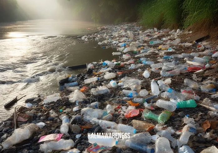 hearts in nature _ Image: A polluted riverbank with litter scattered around, including plastic bottles and wrappers. Image description: The riverbank is marred by pollution, with trash littered everywhere.