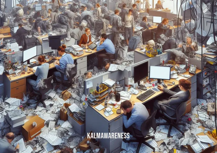 meditating clipart _ Image 1: Image description: A chaotic office scene, with employees hunched over desks, surrounded by clutter and stress-inducing elements.