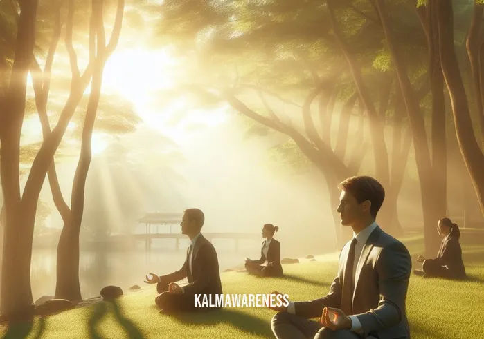 meditating clipart _ Image 2: Image description: A serene park, bathed in the soft glow of morning sunlight, where people in business attire attempt to sit cross-legged but struggle to find calm amidst distractions.