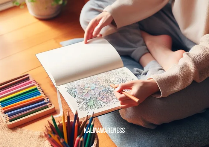 meditation coloring book _ Image: A person sitting cross-legged on a meditation cushion with a coloring book and colored pencils in hand.Image description: Seeking solace, they sit cross-legged, coloring book and pencils in hand, ready for tranquility.