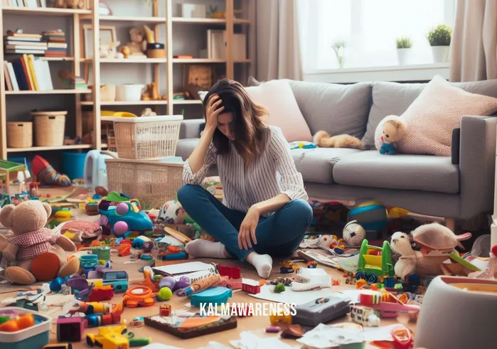 meditation toys _ Image: A cluttered, chaotic living room filled with scattered toys, books, and a stressed-looking parent in the background. Image description: A messy living room with toys and clutter strewn about, creating a chaotic atmosphere.